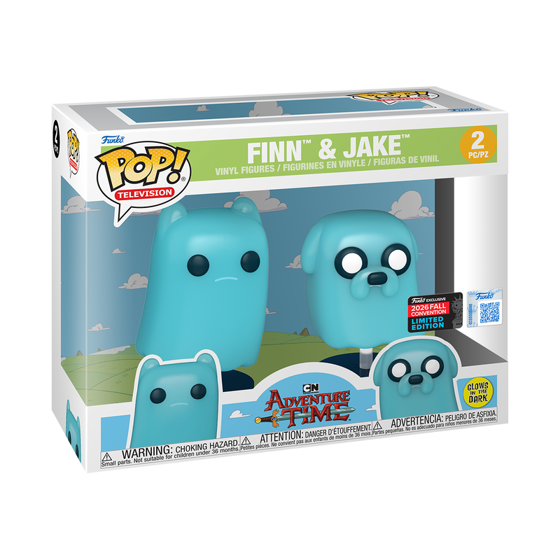 Stock photo of Adventure Time Funko Pop! Finn and Jake Glow In The Dark Funko Exclusive 2-Pack in box.