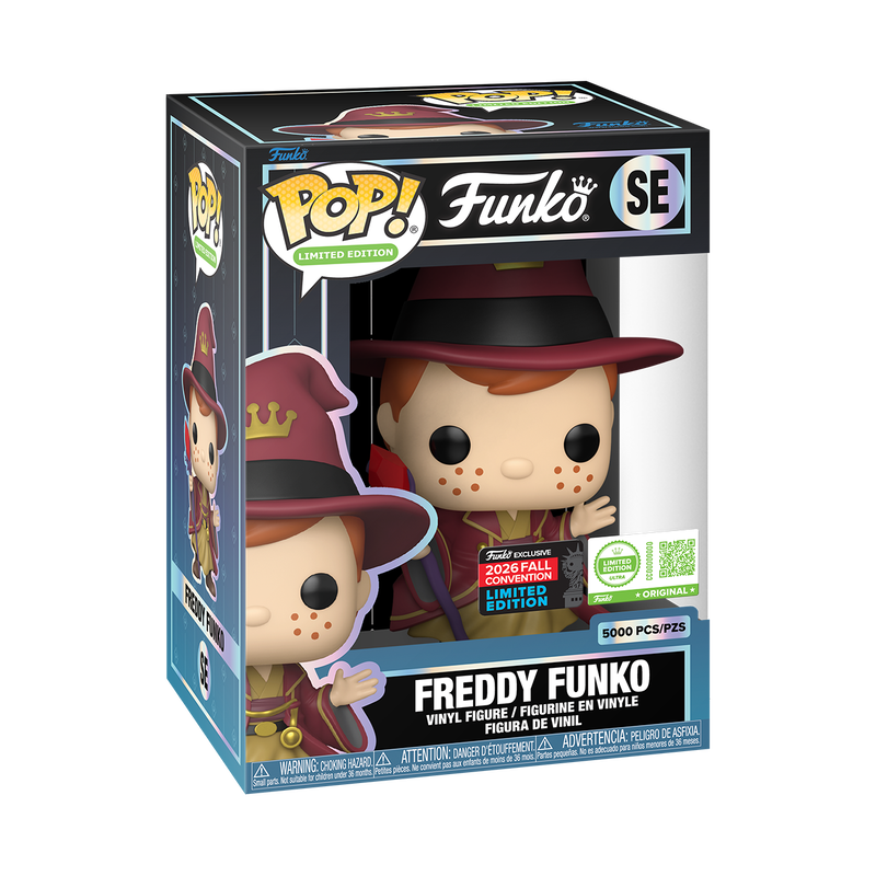 Stock photo of Funko Pop! Freddy Funko (Wizard) Ultra NYCC 2026 shared-sticker edition in box.