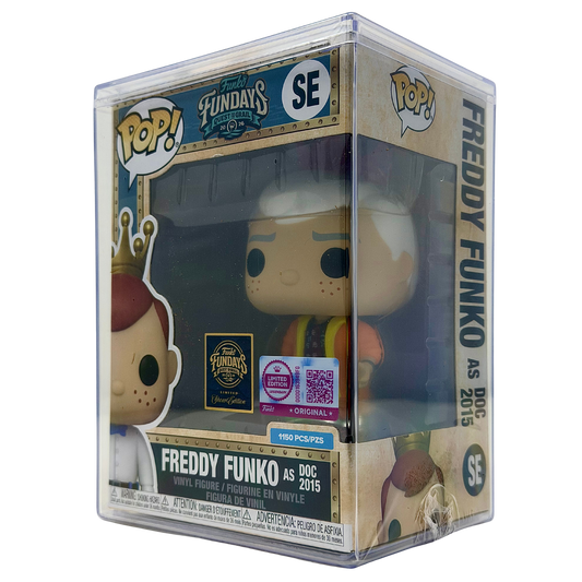 Front right angle in-box view of Freddy Funko as Doc 2015 SE Legendary Limited Edition 1,150 PCS from Back to the Future and Funko Fundays 2026