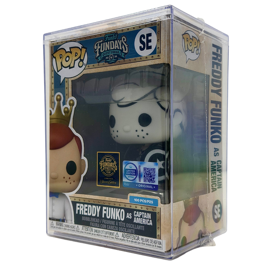 Front right angle in-box view of Freddy Funko as Captain America SE Mythic Limited Edition 100 PCS from Marvel and Funko Fundays 2026