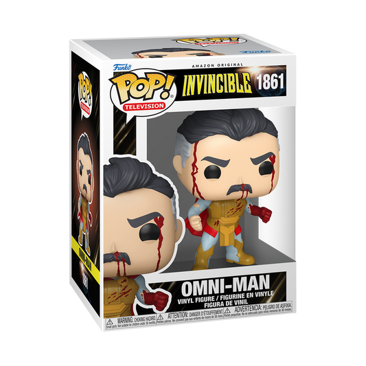 Funko Pop Omni-Man #1861 Armor Bloody from Invincible, shown inside original Funko packaging.