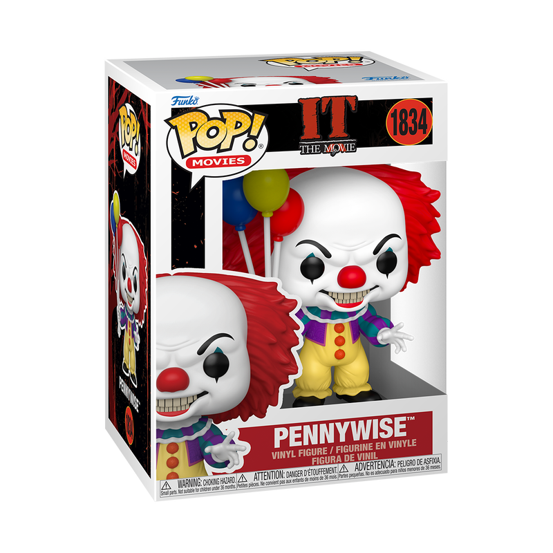 Funko Pop Pennywise #1834 from IT the Movie (1990), shown inside original Funko packaging.