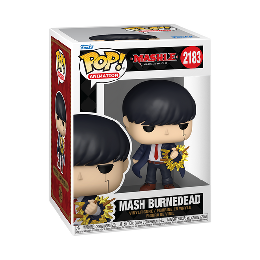 Funko Pop Mash Burnedead #2183 from Mashle: Magic and Muscles, shown inside original Funko packaging.