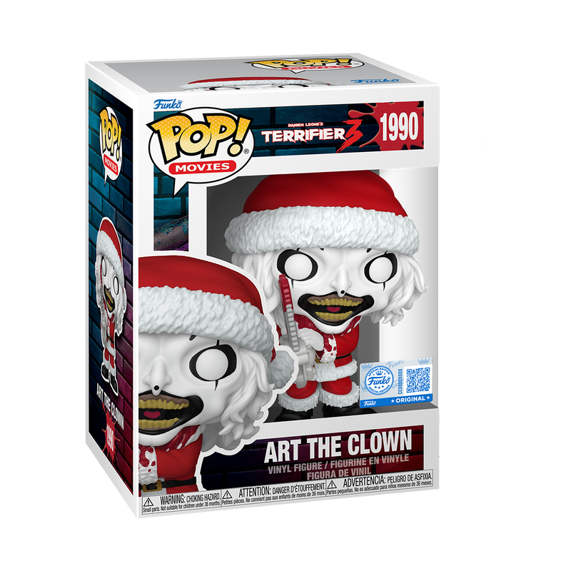 Funko Pop Art the Clown with Chainsaw Bloody #1990 Funko Exclusive from Terrifier 3, full figure outside packaging.