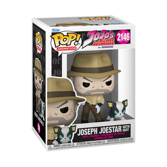 Joseph Joestar with Iggy Funko Pop! #2146 in box packaging from JoJo’s Bizarre Adventure