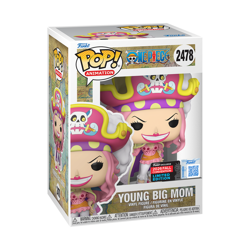 Stock photo of One Piece Funko Pop! Young Big Mom #2478 Funko Exclusive NYCC 2026 shared-sticker edition in box.