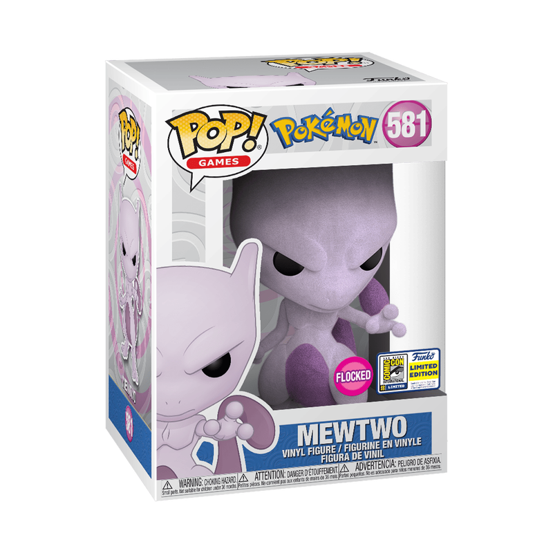 Mewtwo Flocked Funko Pop! #581 San Diego Comic Con 2020 Official Sticker stock photo in-box from Pokemon
