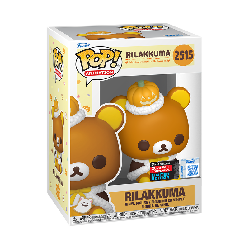 Stock photo of Rilakkuma Funko Pop! Rilakkuma (Pumpkin) #2515 Funko Exclusive NYCC 2026 shared-sticker edition in box.
