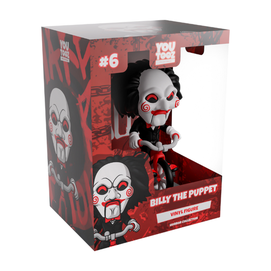 Youtooz Billy the Puppet #6 from Saw, signed by Tobin Bell with JSA authentication, shown outside packaging.