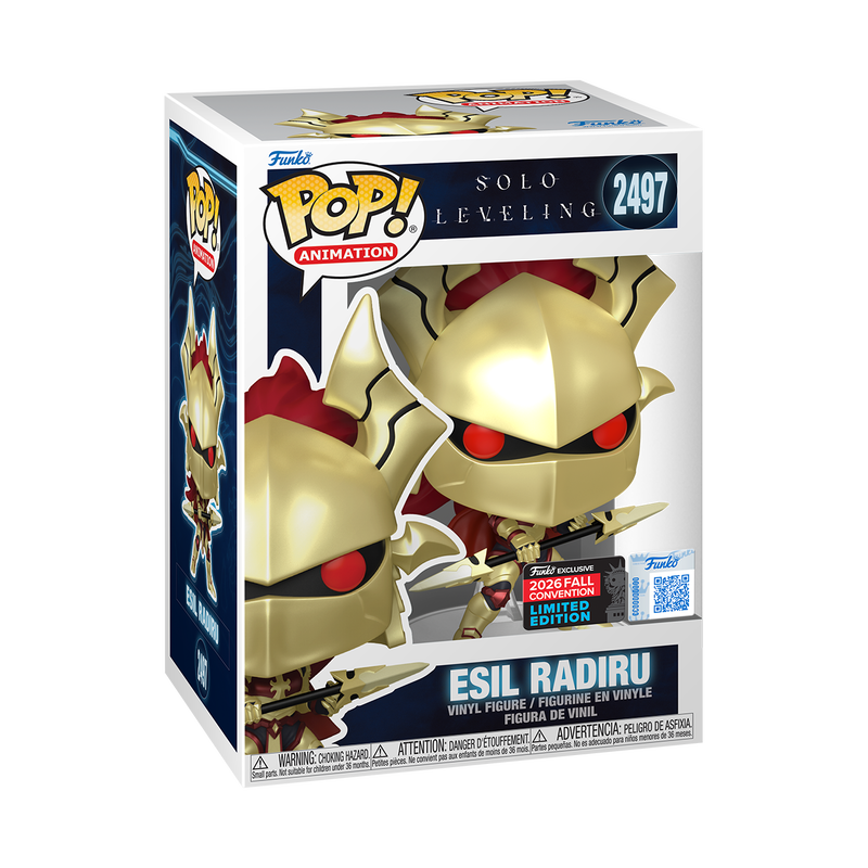 Stock photo of Solo Leveling Funko Pop! Esil Radiru #2497 NYCC 2026 shared-sticker edition in box.