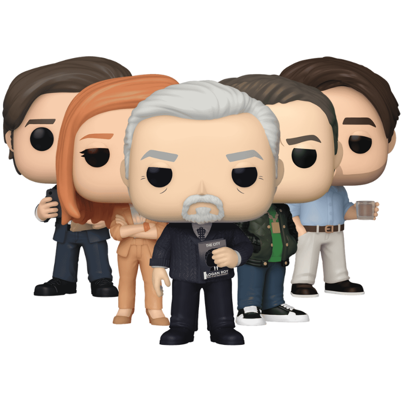 Succession Funko Pop! set stock photo out-of-box featuring Logan Roy #1430 Greg Hirsch #1428 Shiv Roy #1432 Roman Roy #1431 and Kendall Roy #1429 from Succession
