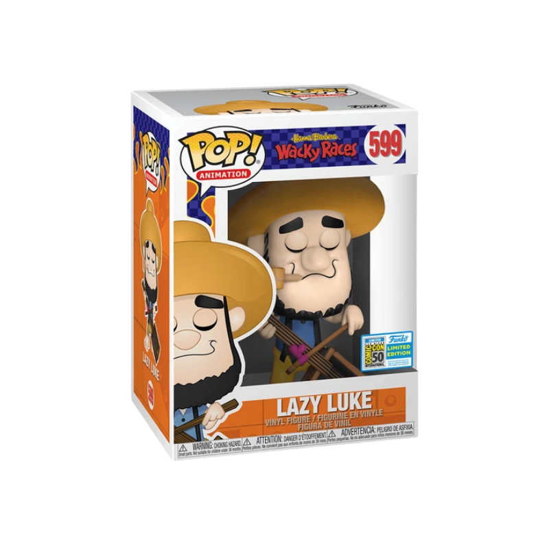 Lazy Luke Funko Pop! #599 San Diego Comic Con 2019 Official Sticker stock photo in-box from Wacky Races