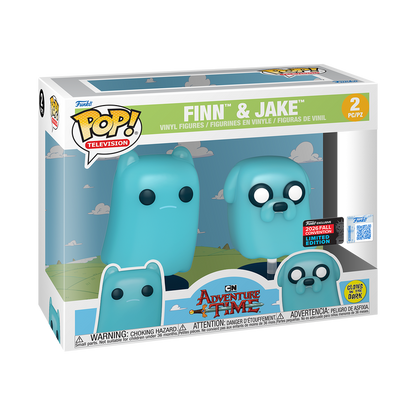 Stock photo of Adventure Time Funko Pop! Finn and Jake Glow In The Dark Funko Exclusive 2-Pack in box.