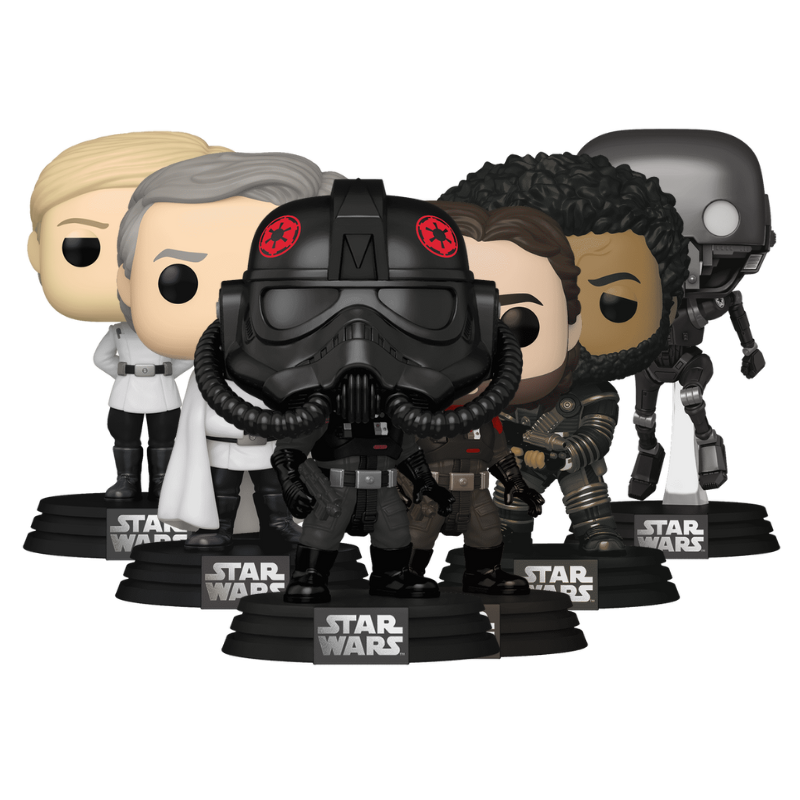 Andor Funko Pop! collection bundle featuring Cassian Andor, Saw Gerrera, Dedra Meero, Director Orson Krennic, and K-2SO stock photo out-of-box