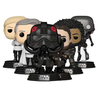Andor Funko Pop! collection bundle featuring Cassian Andor, Saw Gerrera, Dedra Meero, Director Orson Krennic, and K-2SO stock photo out-of-box