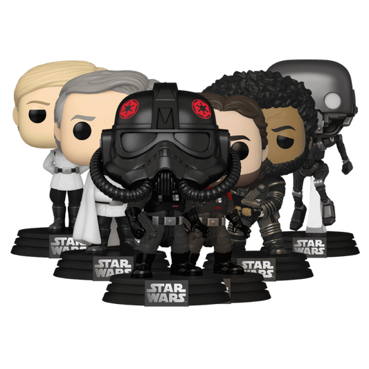 Andor Funko Pop! collection bundle featuring Cassian Andor, Saw Gerrera, Dedra Meero, Director Orson Krennic, and K-2SO stock photo out-of-box