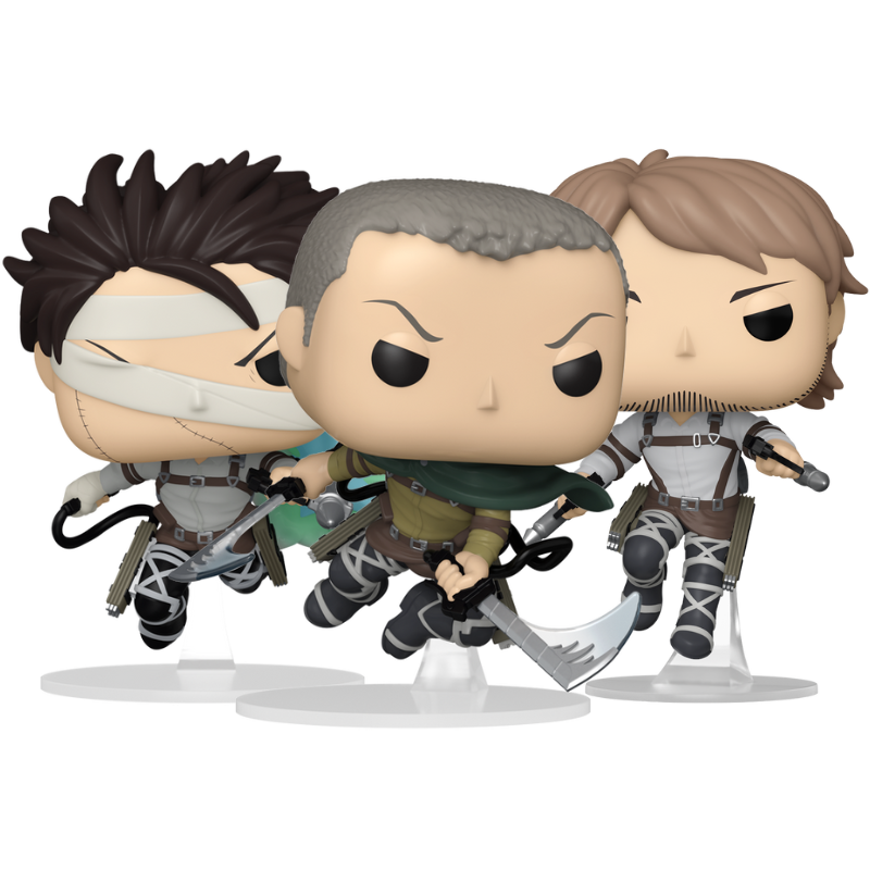 Connie Springer #1991, Jean Kirstein #1992, and Levi with Bandages #1993 Funko Pop! stock photo out-of-box from Attack on Titan