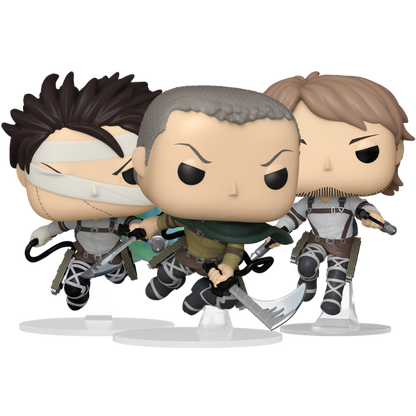 Connie Springer #1991, Jean Kirstein #1992, and Levi with Bandages #1993 Funko Pop! stock photo out-of-box from Attack on Titan