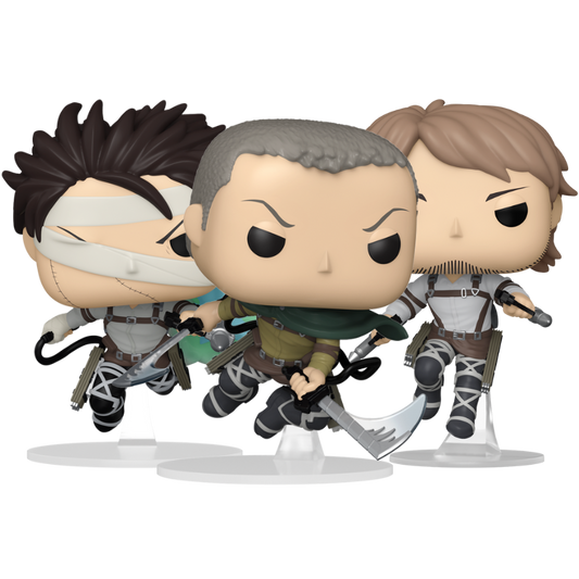 Connie Springer #1991, Jean Kirstein #1992, and Levi with Bandages #1993 Funko Pop! stock photo out-of-box from Attack on Titan