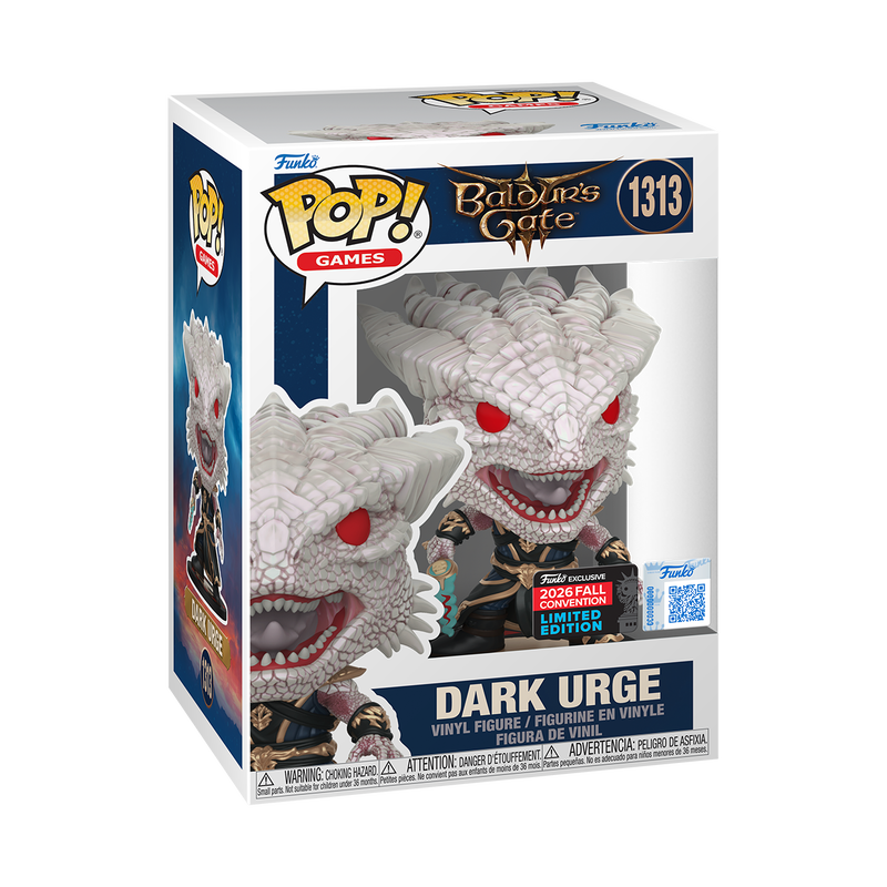 Stock photo of Baldur's Gate III Funko Pop! Dark Urge #1313 Funko Exclusive NYCC 2026 shared-sticker edition in box.