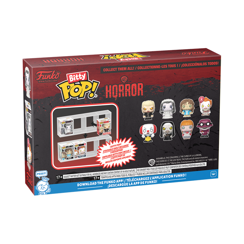 Stock photo of Bitty Pop! Warner Bros. Horror 4-Pack Series 1 with Vampire David, Regan, La Llorona, and Pennywise in box.