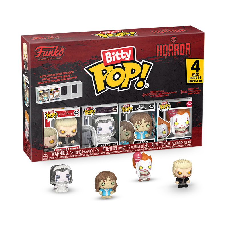 Stock photo of Bitty Pop! Vampire David, Regan, La Llorona, and Pennywise from Warner Bros. Horror Series 1 out of box.