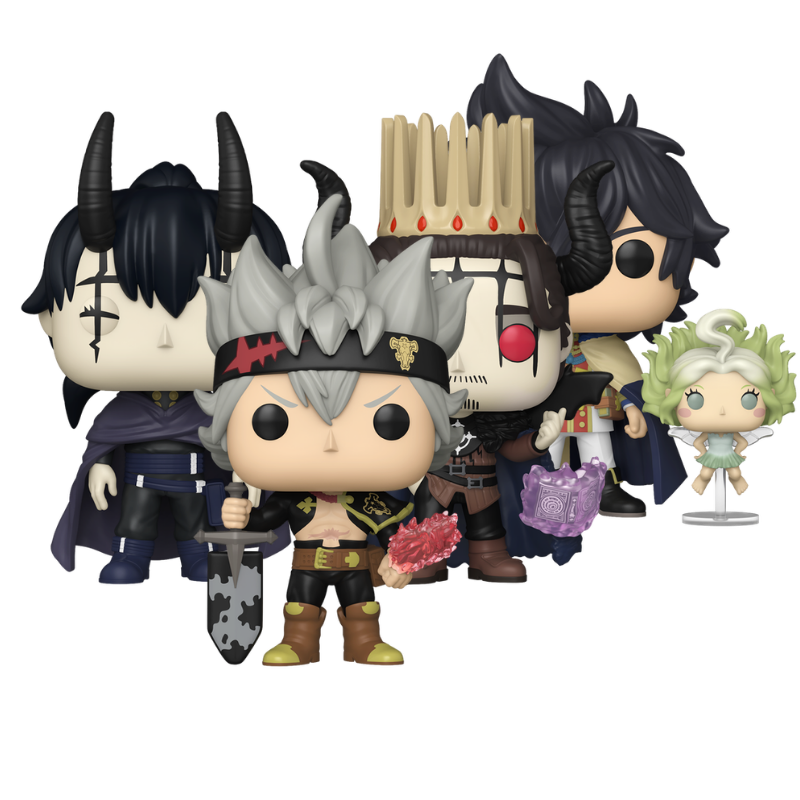 Black Clover Funko Pop! set with Asta Yuno Dante and Nacht stock photo out-of-box