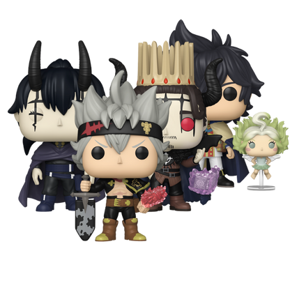 Black Clover Funko Pop! set with Asta Yuno Dante and Nacht stock photo out-of-box