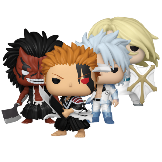 Bleach Thousand-Year Blood War Funko Pop! set out-of-box featuring Demi-Hollowfied Ichigo, Bankai Hitsugaya, Kenpachi Zaraki Bankai, and Jugram Haschwalth