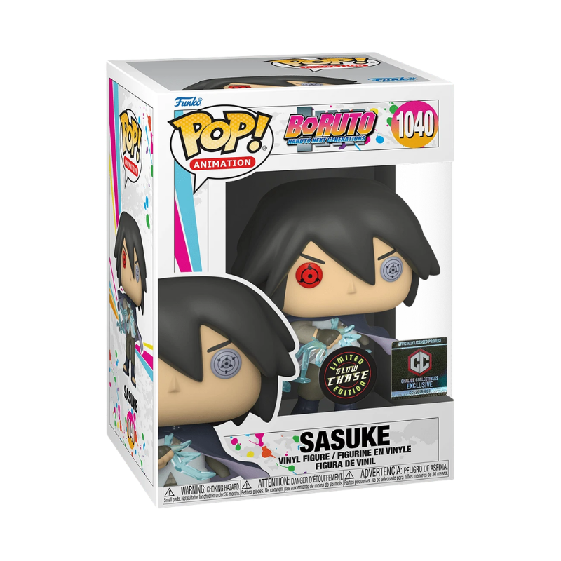 Sasuke with Chidori Katana Funko Pop! #1040 Glow Chase Chalice Collectibles Exclusive stock photo in-box from Boruto: Naruto Next Generations