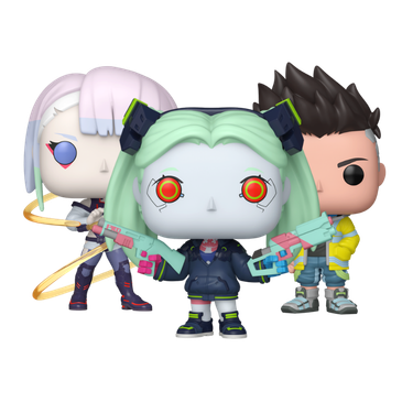 David Martinez Lucy with Monowire and Rebecca Funko Pop! #2413 #2414 #2415 stock photo out-of-box from Cyberpunk Edgerunners