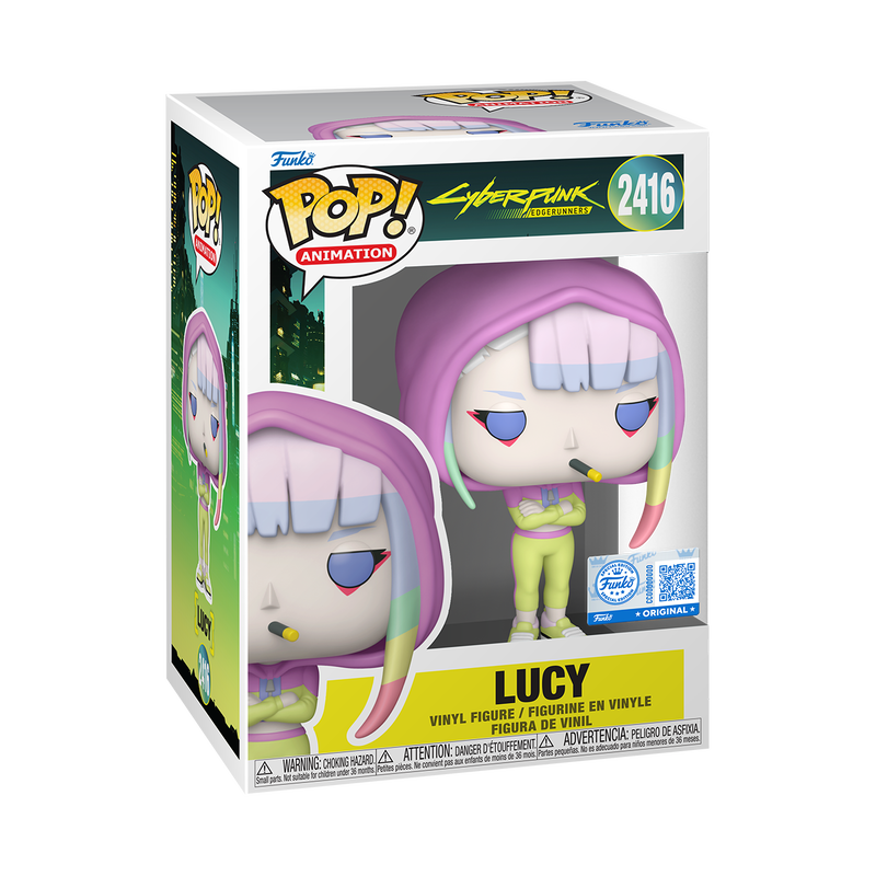 Lucy in Hoodie Funko Pop! #2416 Exclusive stock photo in-box from Cyberpunk Edgerunners