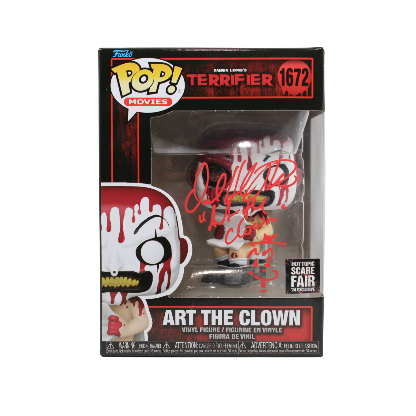 David Howard Thornton Signed Terrifier Art the Clown Hot Topic Scare Fair Funko Pop Figure Bloody Sitting on Chair