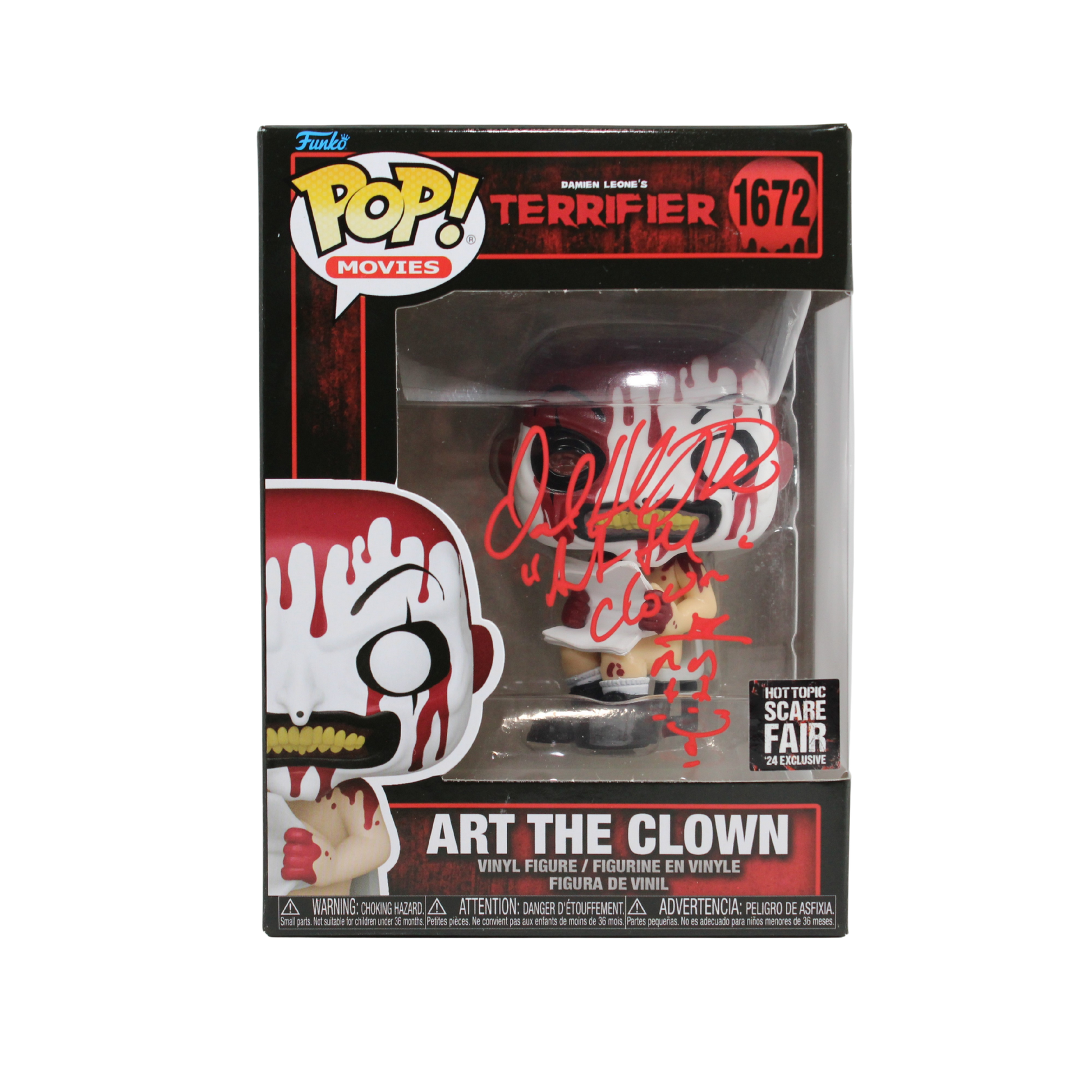 David Howard Thornton Signed Terrifier Art the Clown Hot Topic Scare Fair Funko Pop Figure Bloody Sitting on Chair