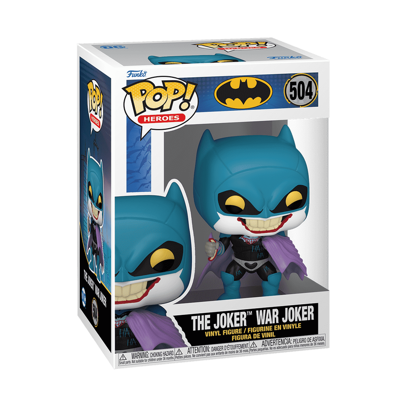 The Joker War Joker Funko Pop! #504 stock photo in-box from DC Batman