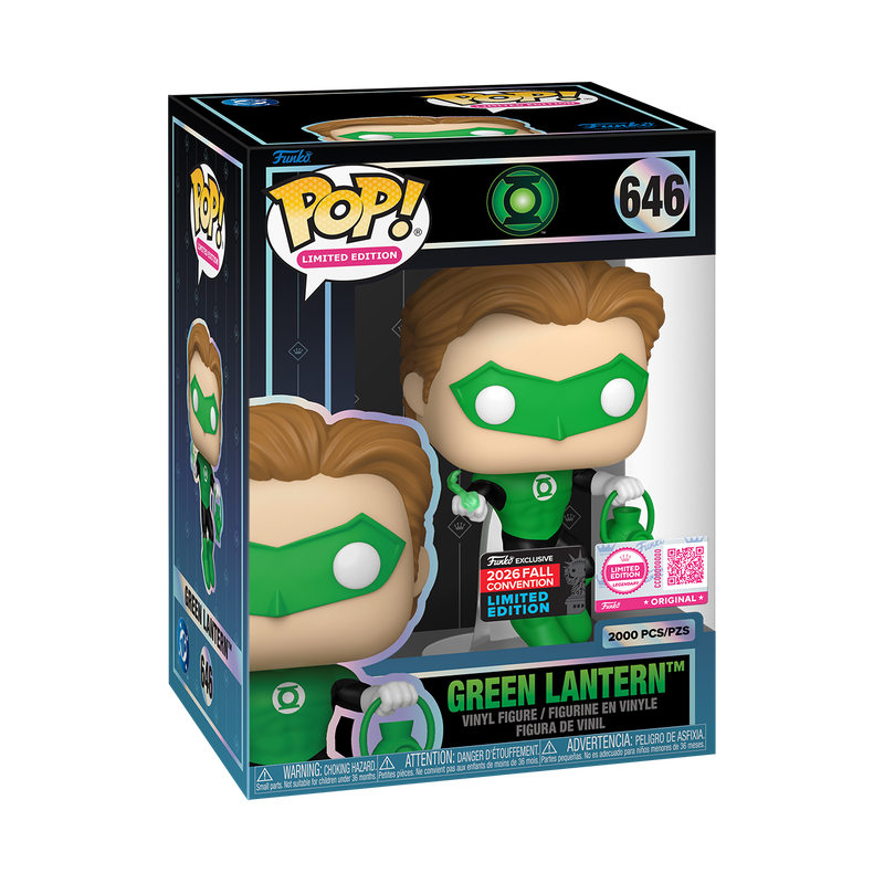 Stock photo of DC Comics Funko Pop! Green Lantern #646 Legendary NYCC 2026 shared-sticker edition in box.