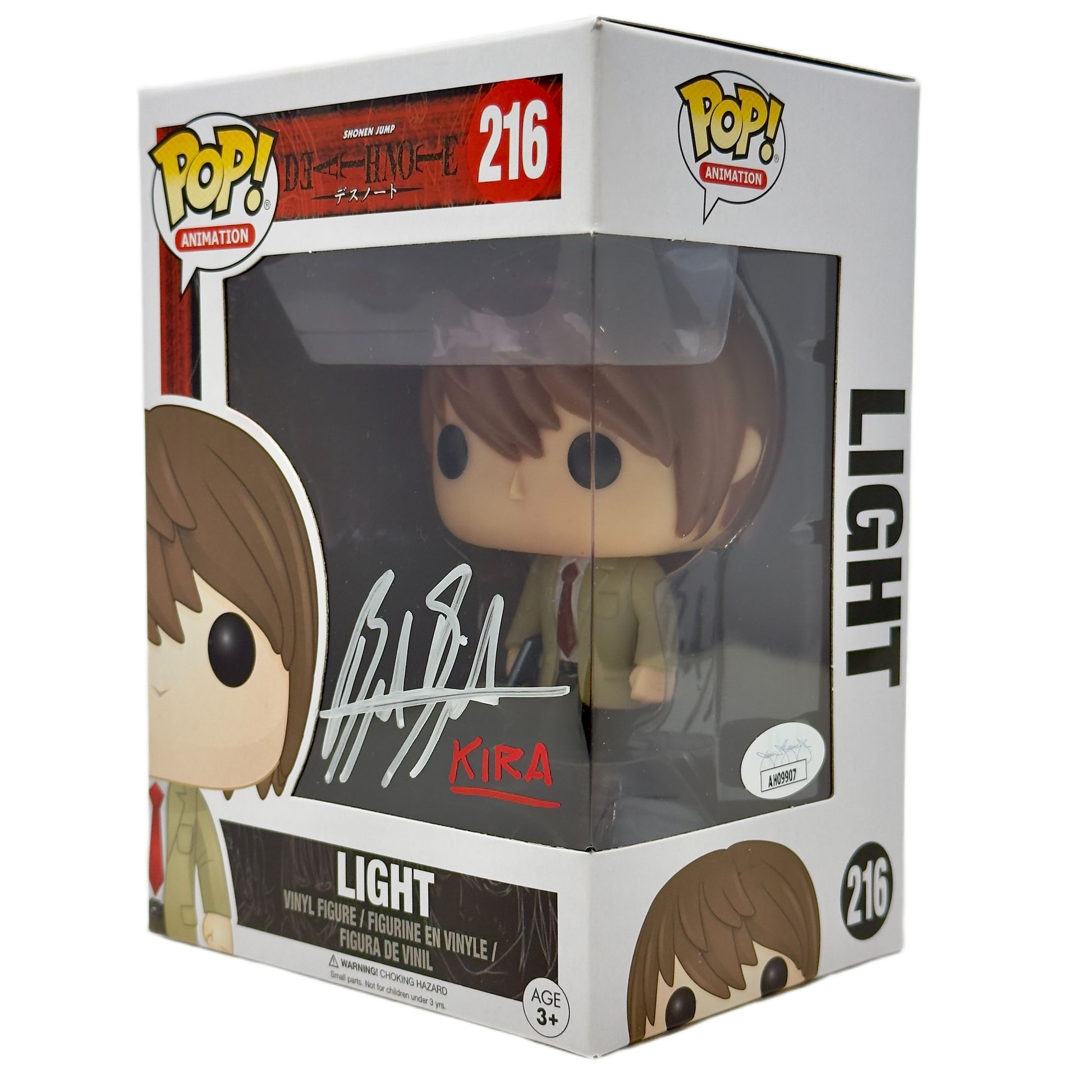 Front right angle in-box photo of Light Funko Pop! #216 signed by Brad Swaile showing autograph and box details