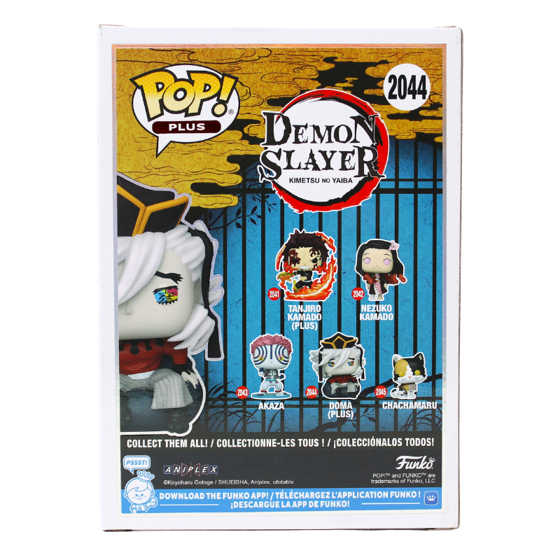 Funko Pop! Demon Slayer Doma #2044 signed by Stephen Fu with PSA Certified authentication, back of box showing the Demon Slayer Pop! Plus lineup.