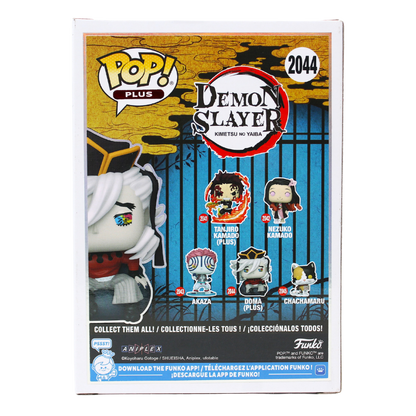 Funko Pop! Demon Slayer Doma #2044 signed by Stephen Fu with PSA Certified authentication, back of box showing the Demon Slayer Pop! Plus lineup.