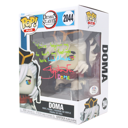 Funko Pop! Demon Slayer Doma #2044 signed by Stephen Fu with quote and PSA Certified authentication, front angled view.