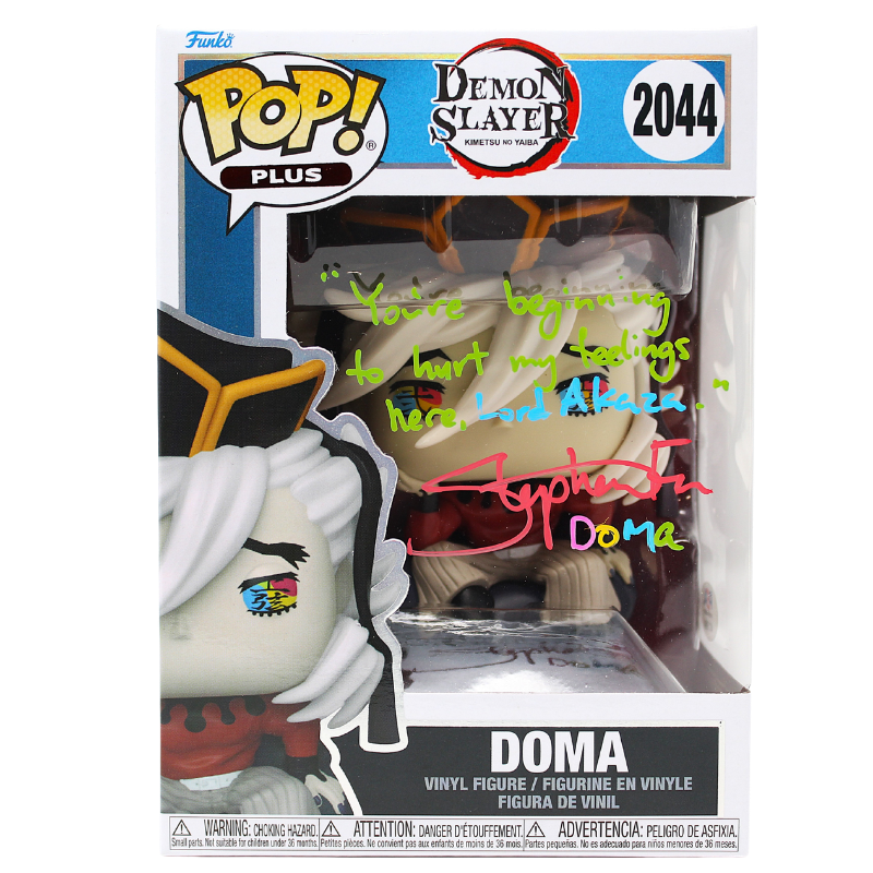Funko Pop! Demon Slayer Doma #2044 signed by Stephen Fu with quote and PSA Certified authentication, front view.
