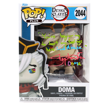 Funko Pop! Demon Slayer Doma #2044 signed by Stephen Fu with quote and PSA Certified authentication, front view.