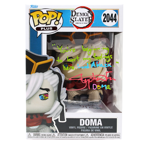 Funko Pop! Demon Slayer Doma #2044 signed by Stephen Fu with quote and PSA Certified authentication, front view.