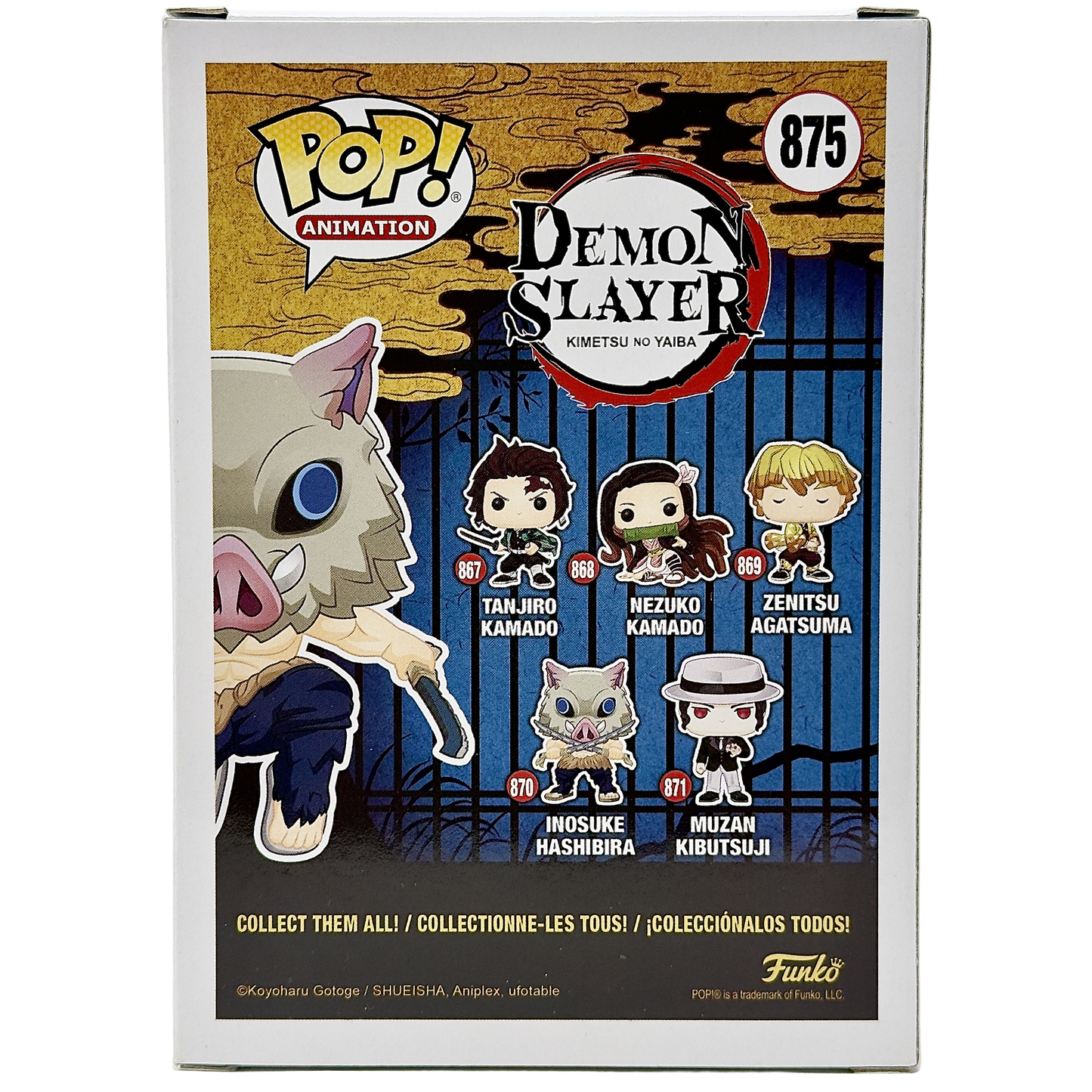 Back of box for Inosuke Hashibira Funko Pop! #875 Flocked Chalice Collectibles Exclusive Notorious Customs signed by Bryce Papenbrook