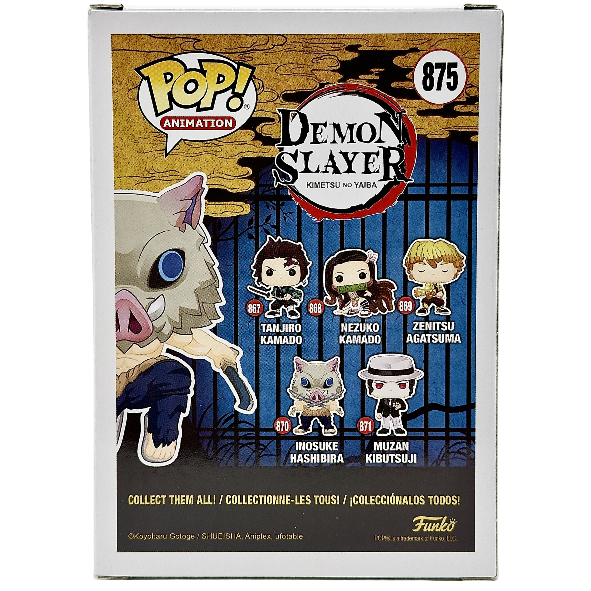 Back of box for Inosuke Hashibira Funko Pop! #875 Flocked Chalice Collectibles Exclusive Notorious Customs signed by Bryce Papenbrook