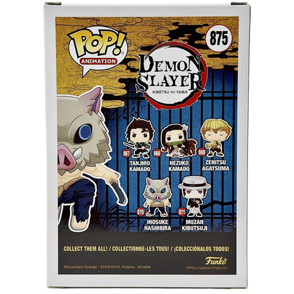 Back of box for Inosuke Hashibira Funko Pop! #875 Flocked Chalice Collectibles Exclusive Notorious Customs signed by Bryce Papenbrook