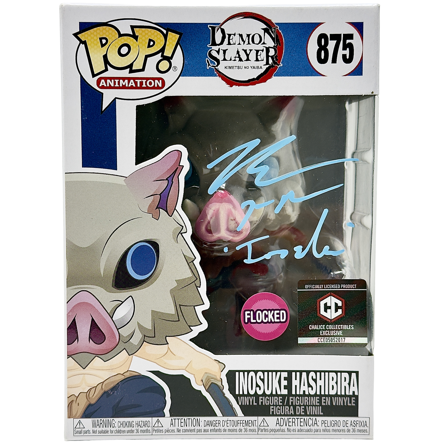 Inosuke Hashibira Funko Pop! #875 Flocked Chalice Collectibles Exclusive Notorious Customs signed by Bryce Papenbrook front in-box photo