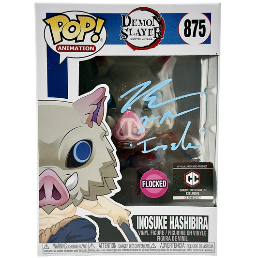 Inosuke Hashibira Funko Pop! #875 Flocked Chalice Collectibles Exclusive Notorious Customs signed by Bryce Papenbrook front in-box photo