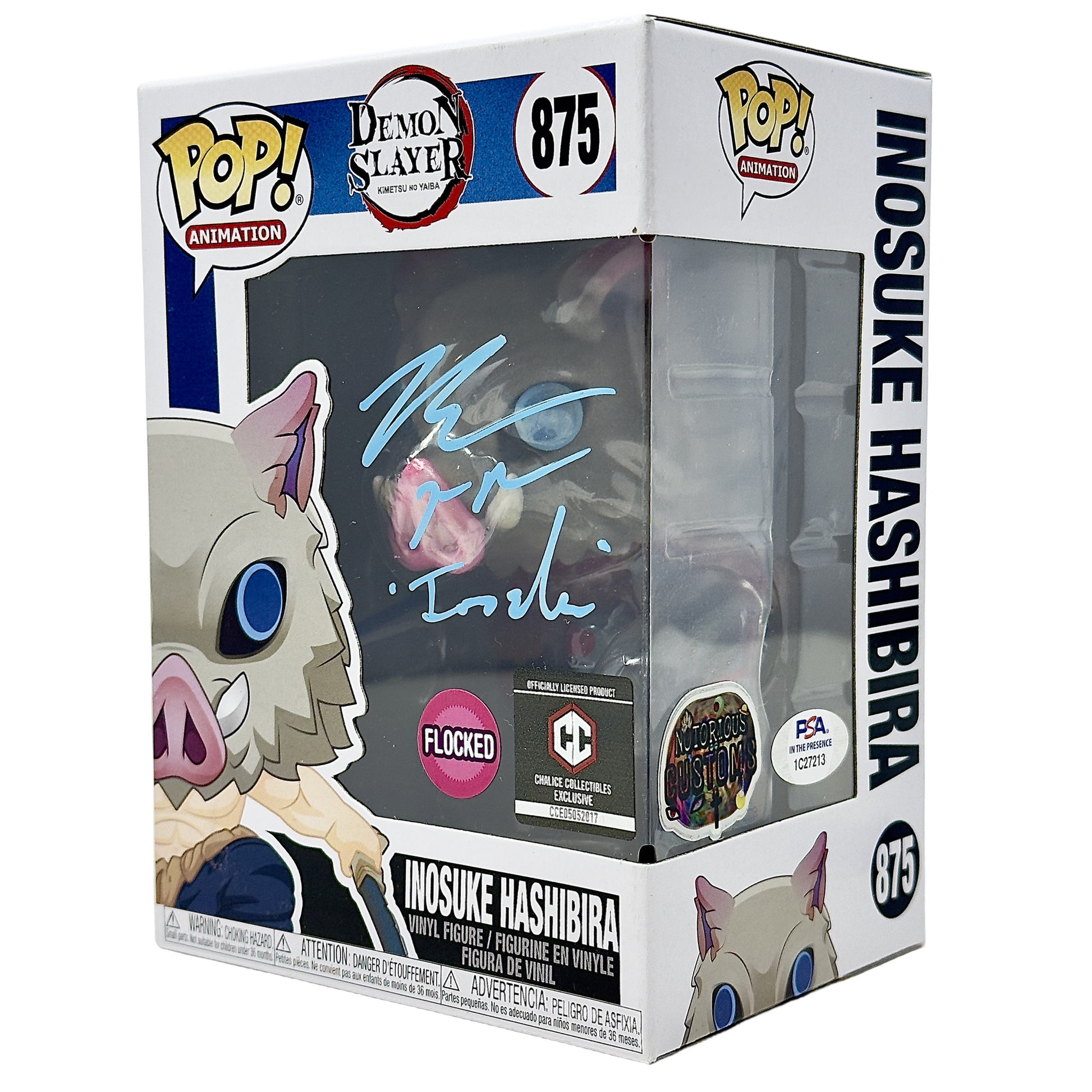 Front right angle in-box photo of Inosuke Hashibira Funko Pop! #875 signed by Bryce Papenbrook showing the autograph, Chalice Collectibles Exclusive sticker, Flocked sticker, Notorious Customs sticker, and box depth