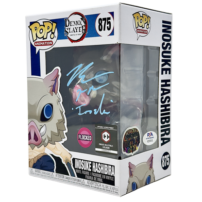 Front right angle in-box photo of Inosuke Hashibira Funko Pop! #875 signed by Bryce Papenbrook showing the autograph, Chalice Collectibles Exclusive sticker, Flocked sticker, Notorious Customs sticker, and box depth